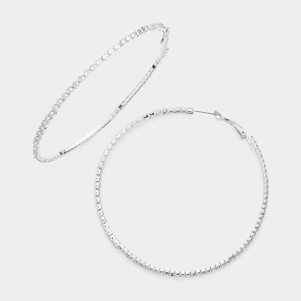 Silver Paved CZ Stone 2.75" Crystal Hoop Earrings Trend Fashion Casual Accessory